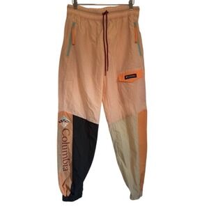 VINTAGE Columbia Colorblock Track Pants Windbreaker Style Peach Black Tan - M